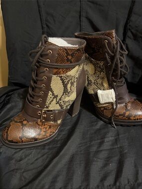 Brown Snake-Print Lace-Up Ankle Boots